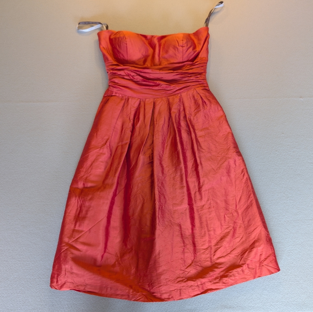 Jenny Yoo 100% Silk Coral Orange Strapless Ruched Waist Cocktail Dress Sz 8 - Picture 12 of 15